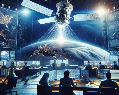 Generate a hyper-realistic high-definition image depicting a revolutionary moment in weather forecasting. The scene should include a large, technologically advanced satellite floating in space above Earth, beaming rays down towards a control room filled with modernized forecasting equipment. In the control room, a diverse group of meteorologists, including a Middle-Eastern male and a Hispanic female, closely watch the data incoming from the satellite on a huge screen. The whole scene emits a vibrant glow, indicating the beginning of a new era in satellite technology.