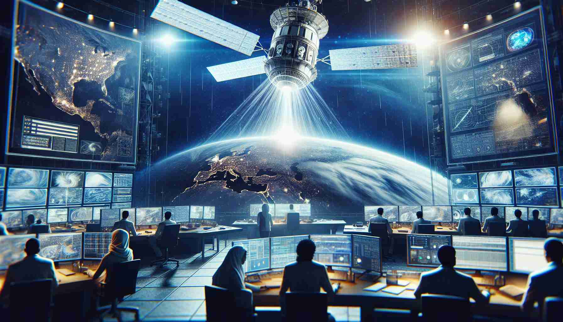 Generate a hyper-realistic high-definition image depicting a revolutionary moment in weather forecasting. The scene should include a large, technologically advanced satellite floating in space above Earth, beaming rays down towards a control room filled with modernized forecasting equipment. In the control room, a diverse group of meteorologists, including a Middle-Eastern male and a Hispanic female, closely watch the data incoming from the satellite on a huge screen. The whole scene emits a vibrant glow, indicating the beginning of a new era in satellite technology.