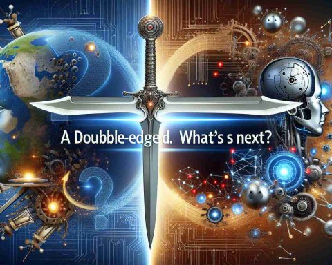 A high-definition, realistic digital artwork illustrating the concept of 'The AI Boom: A Double-Edged Sword. What's Next?'. Portray a powerful visual metaphor of the two sides of artificial intelligence: one side depicting great advances, perhaps represented by advanced robotics, intricate algorithms, and futuristic technology, and the other side showing potential negative consequences such as loss of jobs, privacy issues, etc. The double-edged sword could be metaphorically manifested through the juxtaposition of these elements. In the backdrop, a question mark symbolizing 'What's Next?' to emphasize the uncertainty of the future of AI.