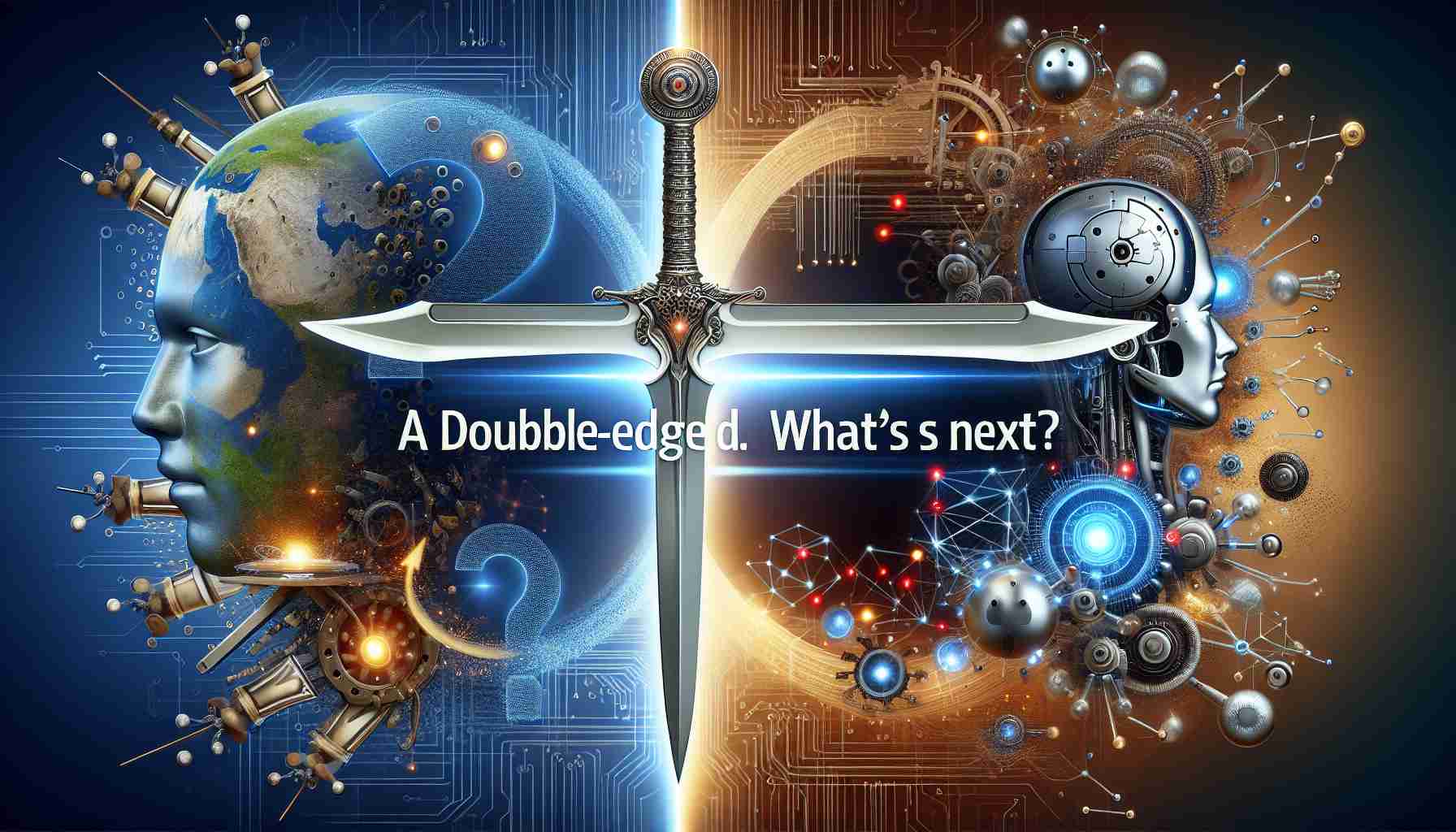 A high-definition, realistic digital artwork illustrating the concept of 'The AI Boom: A Double-Edged Sword. What's Next?'. Portray a powerful visual metaphor of the two sides of artificial intelligence: one side depicting great advances, perhaps represented by advanced robotics, intricate algorithms, and futuristic technology, and the other side showing potential negative consequences such as loss of jobs, privacy issues, etc. The double-edged sword could be metaphorically manifested through the juxtaposition of these elements. In the backdrop, a question mark symbolizing 'What's Next?' to emphasize the uncertainty of the future of AI.