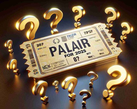 Realistic HD image of a golden ticket labeled 'Palantir Stock for 2025' surrounded by question marks, indicating uncertainty. The background contains a surprising element to represent unexpected answers.