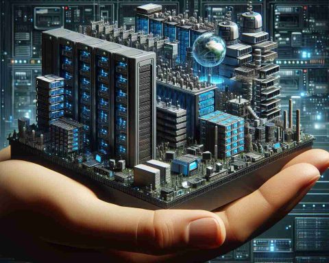 A detailed, high-definition (HD) image showcasing the concept of 'Revolution in Miniaturization.' It includes a miniature representation of a data center filled with tiny, futuristic computers, server racks, and other technological devices. There's an implied feeling of progression and advancement towards the future of computing, with digital information being processed at a rapid pace. It emphasizes the notion of super-micro computing technology, symbolizing its importance in shaping our future. The image encapsulates the awe-inspiring power of technology in the palm of a human hand, highlighting the drastic reduction in the size while enhancing computational abilities.