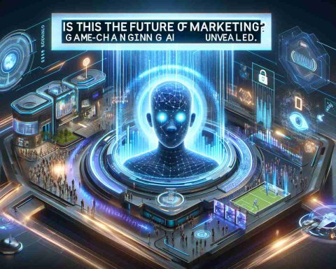 Create a realistic high-definition image showcasing an innovative concept of future marketing. Depict advanced AI technology, indicating its game-changing potential. The image should include elements such as futurism-inspired structures, holographic interfaces, AI-driven systems in operation, and potential users interacting with the technology. Include text that reads, 'Is This the Future of Marketing? Game-Changing AI Unveiled.'