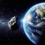 Generate a high-definition, realistic image depicting a close encounter between the Earth and an asteroid. The scene unfolds in the vast expanse of outer space, with the arcing blue sphere of the Earth on one side, its continents, oceans and clouds visible. Darting towards our planet is an asteroid, its uneven, rocky surface reflecting the sunlight as it approaches at high speed. The vastness of space filled with twinkling stars forms the backdrop for this tense scene. Remember the sense of scale and distance that should be conveyed to suggest a 'near-miss' scenario.