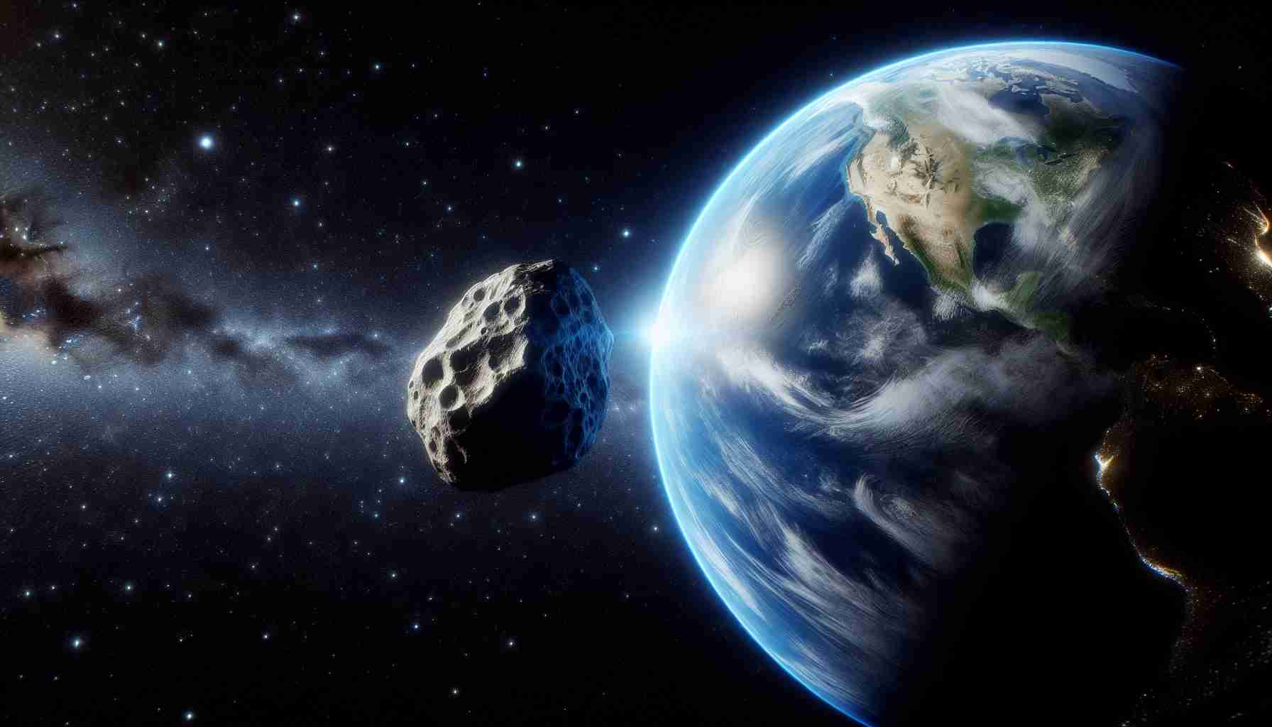 Generate a high-definition, realistic image depicting a close encounter between the Earth and an asteroid. The scene unfolds in the vast expanse of outer space, with the arcing blue sphere of the Earth on one side, its continents, oceans and clouds visible. Darting towards our planet is an asteroid, its uneven, rocky surface reflecting the sunlight as it approaches at high speed. The vastness of space filled with twinkling stars forms the backdrop for this tense scene. Remember the sense of scale and distance that should be conveyed to suggest a 'near-miss' scenario.