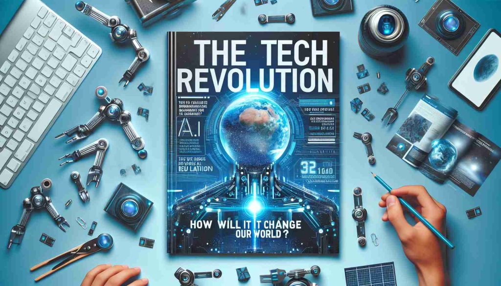 Generate a realistic HD photo of a tech revolution theme. The picture should envision futuristic technology changing the world. Include elements representing advancements such as AI, robotics, and space exploration. The phrase 'The Tech Revolution. How Will It Change Our World?' should be prominently displayed on the image, giving it the feel of a magazine cover or a documentary poster.