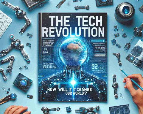 Generate a realistic HD photo of a tech revolution theme. The picture should envision futuristic technology changing the world. Include elements representing advancements such as AI, robotics, and space exploration. The phrase 'The Tech Revolution. How Will It Change Our World?' should be prominently displayed on the image, giving it the feel of a magazine cover or a documentary poster.