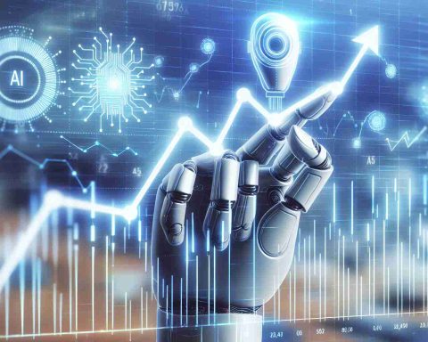 A realistic HD image depicting the concept of artificial intelligence's impact on a hypothetical company's share price. The picture means to portray the possible changes in the stocks due to AI implementation, aiming to provide insights for potential investors. It should represent a metaphorical fluctuation in stock value - perhaps a line graph with an upward trend influenced by a symbolic representation of AI, such as a futuristic robotic hand or an AI chip. Note, no specific brands or companies should be visible.