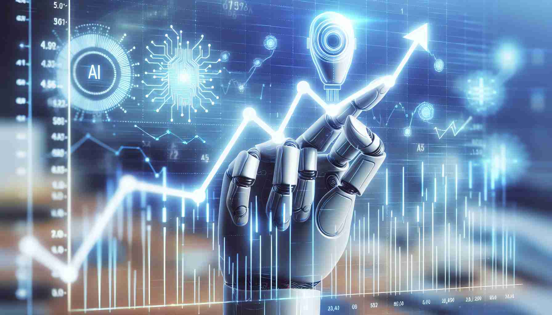 A realistic HD image depicting the concept of artificial intelligence's impact on a hypothetical company's share price. The picture means to portray the possible changes in the stocks due to AI implementation, aiming to provide insights for potential investors. It should represent a metaphorical fluctuation in stock value - perhaps a line graph with an upward trend influenced by a symbolic representation of AI, such as a futuristic robotic hand or an AI chip. Note, no specific brands or companies should be visible.