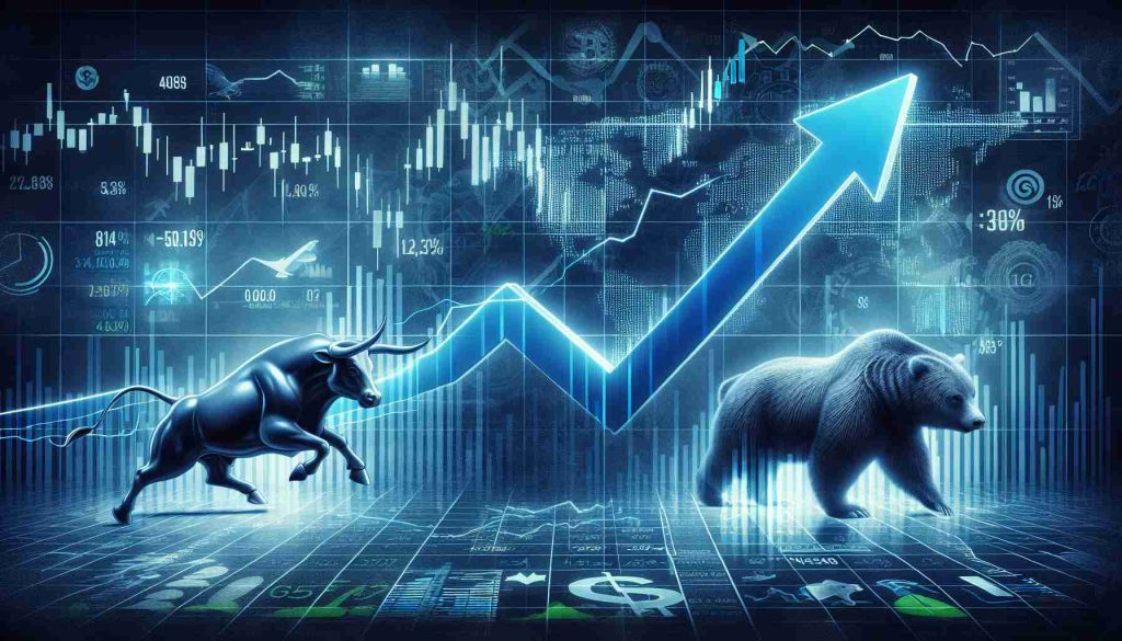 Generate a realistic high-definition image of a stock market theme with a visual metaphor signifying big changes ahead. Include a bull and bear in a stock market graph background, representing the fluctuation of stock prices. A large growth arrow is shooting upwards on the graph, symbolizing a soaring target for an unnamed technology company's stock.