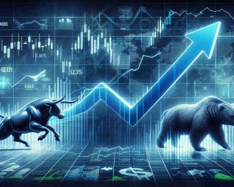 Generate a realistic high-definition image of a stock market theme with a visual metaphor signifying big changes ahead. Include a bull and bear in a stock market graph background, representing the fluctuation of stock prices. A large growth arrow is shooting upwards on the graph, symbolizing a soaring target for an unnamed technology company's stock.