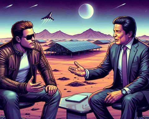 Illustrate a scene that captures the unlikely alliance between a renowned business tycoon known for his ventures in technology and electric cars, and a prominent political figure, discussing space exploration and its implications for the political landscape. The business tycoon sports a casual attire often with a leather jacket while the politician has his characteristic suit and tie. Both are engaging in a thought-provoking discussion set against a futuristic backdrop of a partially terraformed Mars.