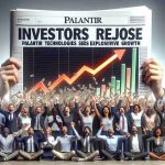 Render a realistic high-definition image of a newspaper headline saying 'Investors Rejoice: Palantir Technologies Sees Explosive Growth', along with representations of related financial growth symbols such as upward moving charts, and excited investors - a diverse group of men and women from various descents: Caucasian, Hispanic, Black, South Asian, and Middle-Eastern, all demonstrating signs of joy and celebration.