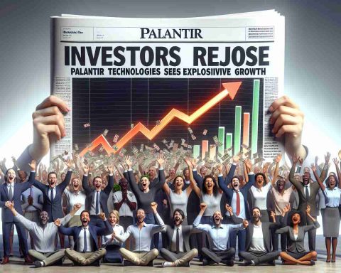 Render a realistic high-definition image of a newspaper headline saying 'Investors Rejoice: Palantir Technologies Sees Explosive Growth', along with representations of related financial growth symbols such as upward moving charts, and excited investors - a diverse group of men and women from various descents: Caucasian, Hispanic, Black, South Asian, and Middle-Eastern, all demonstrating signs of joy and celebration.