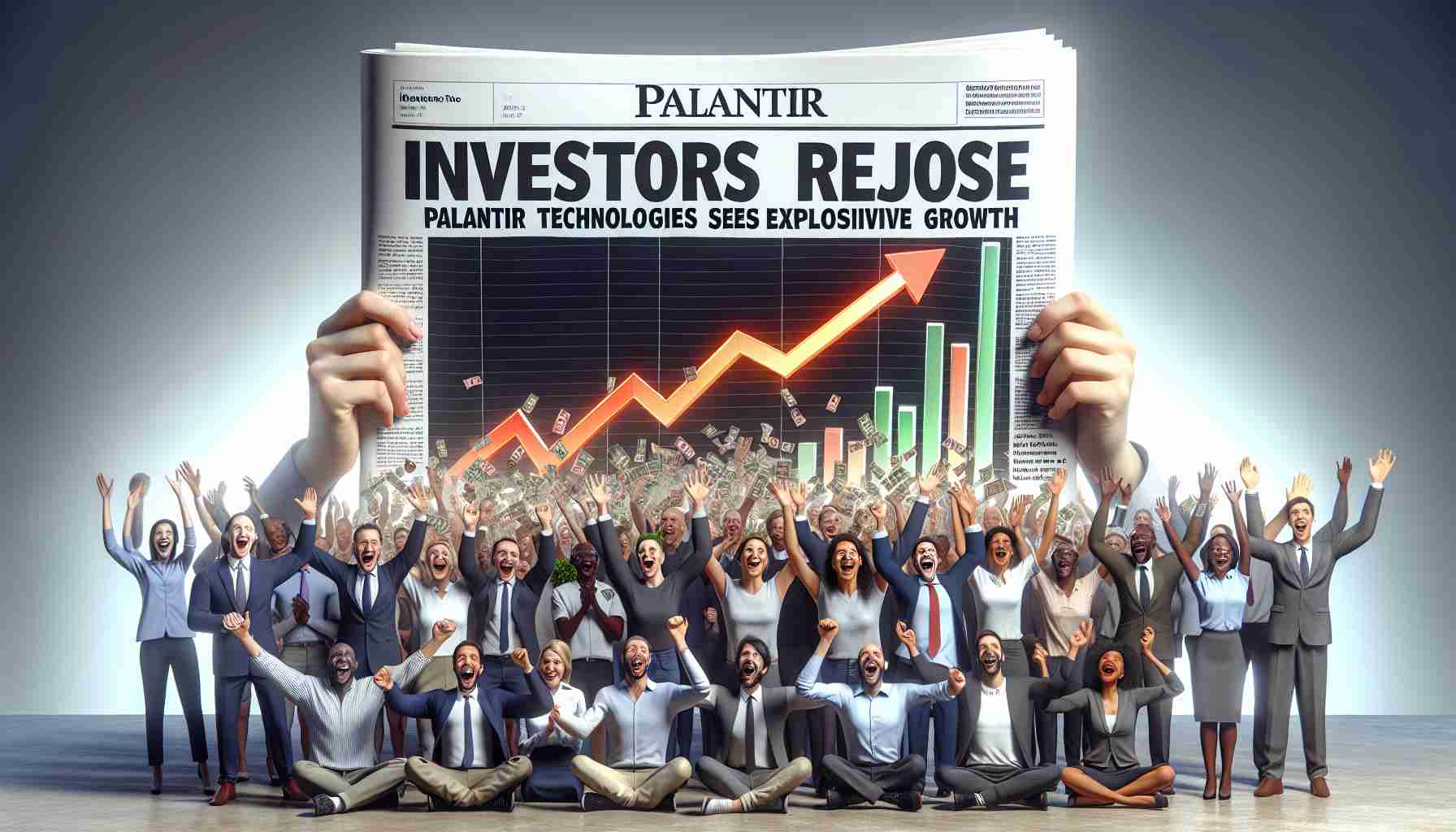 Render a realistic high-definition image of a newspaper headline saying 'Investors Rejoice: Palantir Technologies Sees Explosive Growth', along with representations of related financial growth symbols such as upward moving charts, and excited investors - a diverse group of men and women from various descents: Caucasian, Hispanic, Black, South Asian, and Middle-Eastern, all demonstrating signs of joy and celebration.