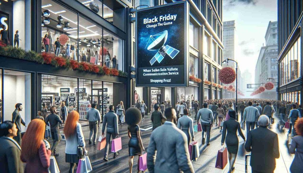 A high-definition image showcasing a busy shopping scene during Black Friday in 2024, with store signage suggesting innovative technology trends. A large electronic display catches the eye, heralding the arrival of a new satellite communication service set to 'change the game'. Excited shoppers of varying descents: Caucasian, Hispanic, Black, Middle-Eastern, and South-Asian, carry shopping bags, and an atmosphere of retail frenzy. The image is representative of realistic Black Friday scenarios.