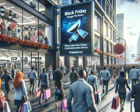 A high-definition image showcasing a busy shopping scene during Black Friday in 2024, with store signage suggesting innovative technology trends. A large electronic display catches the eye, heralding the arrival of a new satellite communication service set to 'change the game'. Excited shoppers of varying descents: Caucasian, Hispanic, Black, Middle-Eastern, and South-Asian, carry shopping bags, and an atmosphere of retail frenzy. The image is representative of realistic Black Friday scenarios.