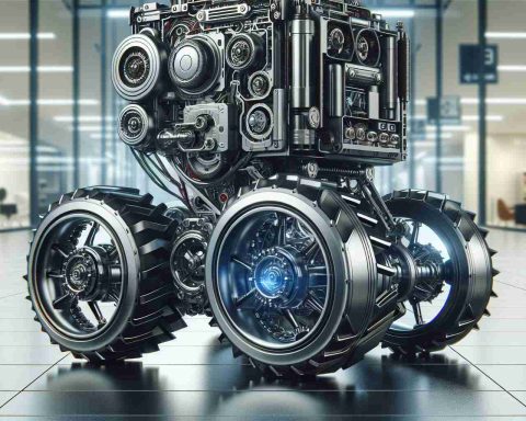 Highly detailed, realistic image of a revolutionary wheel-based robot. The robot is cutting-edge in design, featuring sleek metallic surfaces, intricate parts denoting complex functionalities, and robust wheels suggesting mobility across various terrains. It radiates a sense of technological advancement, reflecting a futuristic theme. The backdrop contrasts this contemporary marvel, with subtle hints of an everyday setting, alluding to a future where such robots are commonplace.