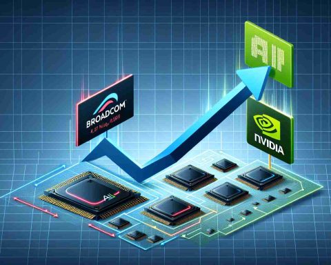 Design a realistic HD infographic displaying a significant change in the AI chip market. Illustrate an arrow graph with the labels 'Broadcom' and 'Nvidia', showing Broadcom surpassing Nvidia. Please include symbolic representations of AI chips next to each company's label.