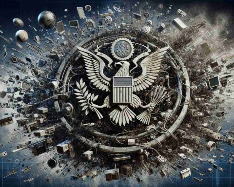 A high-definition, realistic depiction of 'Tech Chaos Unleashed'. This metaphorical scene shows numerous pieces of advanced technology - from robotics to artificial intelligence and biotechnology - creating an overwhelming whirlwind of activity. Simultaneously, it subtly hints at a scandal from a national context, represented by a weathered national emblem or insignia not associated with any specific country as a commentary on future innovations. The imagery does not aim to single out any particular nation but rather uses a symbol to represent a universal concept.