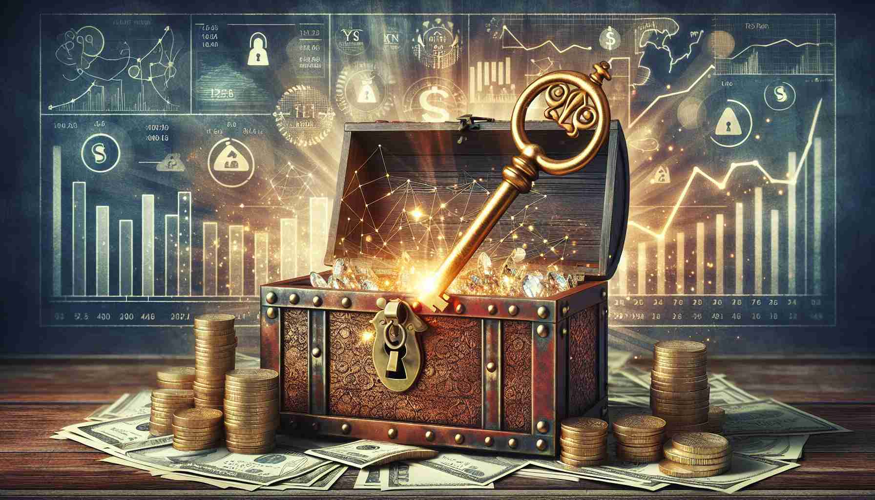 A detailed high-resolution image symbolizing the concept of 'Unlocking Hidden Value: The Strategy Transforming Investments'. Imagine a large, antique key made from gleaming gold, turning in a vintage lock situated in the center of a solid, attractive wooden chest. Behind the chest is a backdrop consisting of financial symbols and charts displaying positive trends to represent investments. As the key turns, the chest opens revealing sparkling gems, stacks of gold coins, and paper money, symbolizing the hidden value being unlocked through strategic investments.