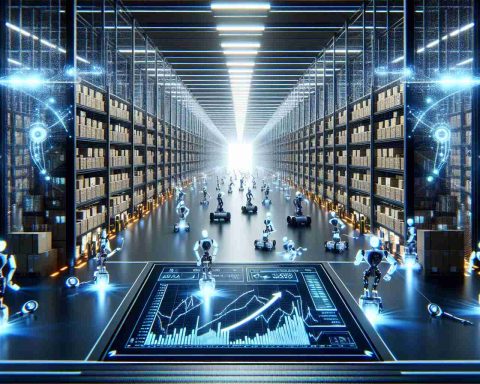 A highly detailed, realistic image illustrating the concept of revolution in robotics. Specifically, imagine an advanced warehouse scene filled with AI-powered robots actively at work, efficiently performing their tasks. The operations are so smooth and coordinated it's like watching a well-choreographed dance of technology. There's an information board at the front where graphs and charts are glowing brightly, indicating that the stocks of the company that owns these AI-powered warehouses are soaring. This depicts a promising future where AI and robotics play a significant role in warehousing and logistics.