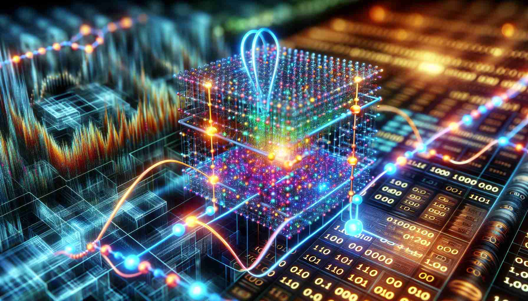 A hyperrealistic, high-definition image showcasing the conceptual representation of quantum computing's influence on data analytics. The picture might illustrate quantum bits (qubits) in vivid, glowing colors, tied to traditional binary data strings. On another part of the image, there could be a depiction of intricate analytical data charts, symbolizing cutting-edge data analytics.