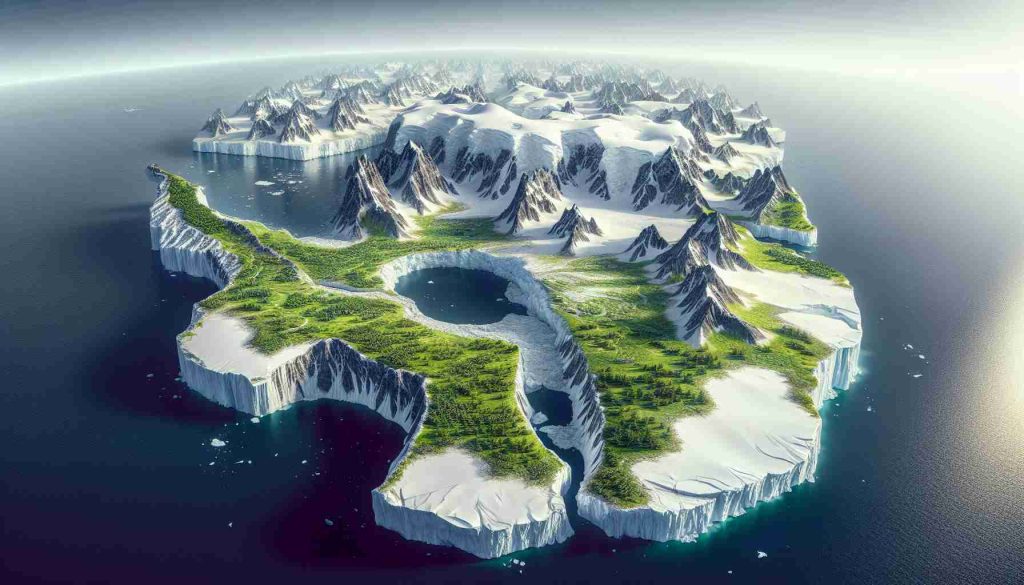 Create an ultra-high-definition realistic image of Antarctica featuring green landscapes instead of its usual snowy white. The scene should be sufficient to make viewers consider the startling implications of such a change. The continent should be represented with diverse flora thriving where ice once prevailed, perhaps indicating a surprisingly warm climate shift.