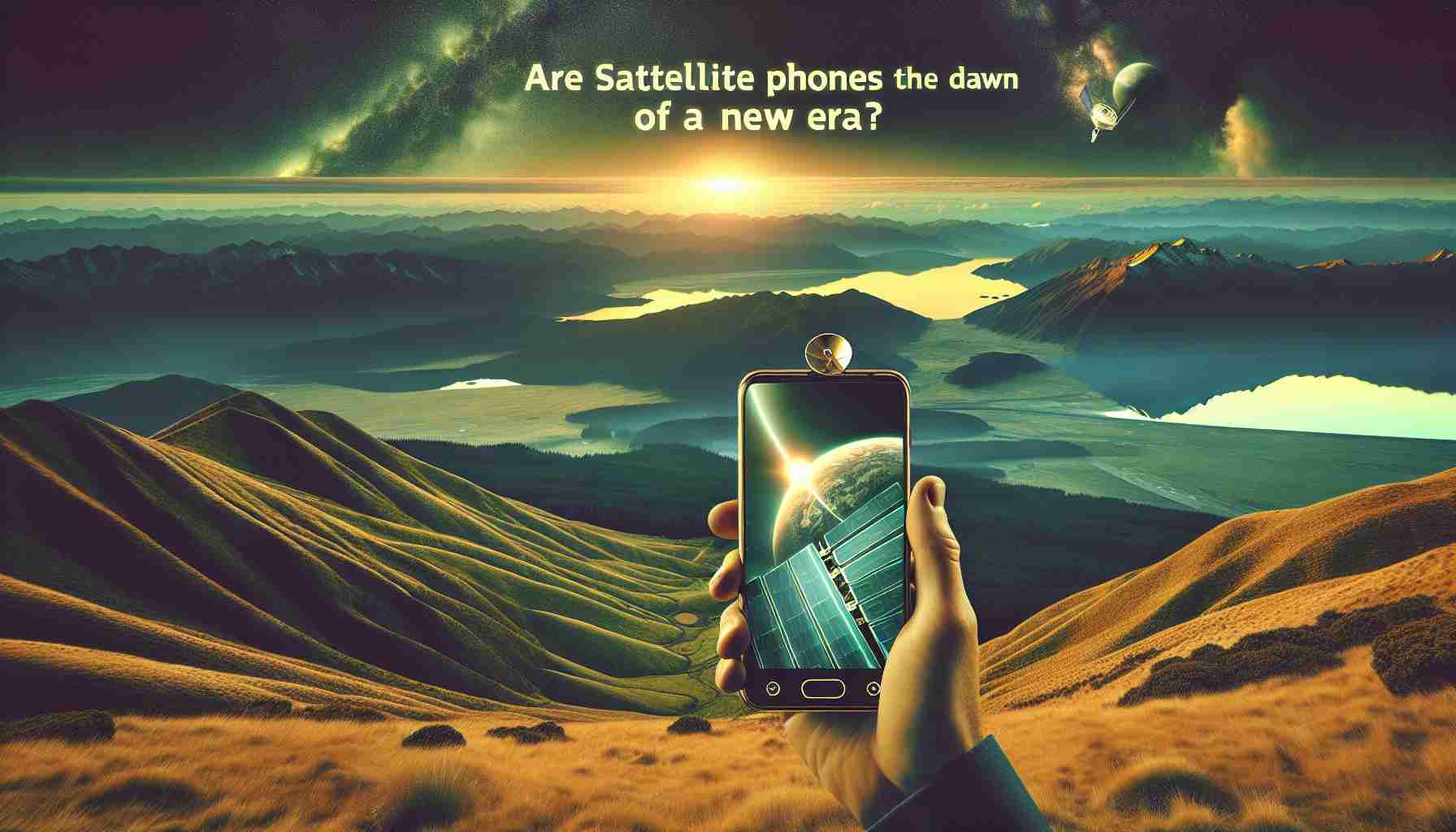 Generate a hyper-realistic, high-definition image representing the concept of a 'bold move' by New Zealand signified by the incorporation of satellite phones, possibly indicating the commencement of a new era. The overall setting should mirror the beautiful landscape of New Zealand, and the presence of these advanced communication devices must be distinct and central. Consider including elements such as an individual holding a satellite phone against the backdrop of a vast green meadow or rugged mountain ranges to evoke the essence of New Zealand. Include the text 'Are Satellite Phones the Dawn of a New Era?' in an impactful typography somewhere within the image.