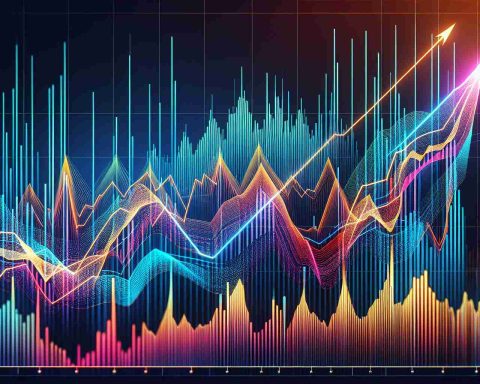 Generate a realistic, high-definition image of an increasing stock market chart, conveying the volatile nature of the market with drastic changes like in a rollercoaster ride. Show a graph with upward-moving lines representing the rise in stocks and multiple dramatic peaks and troughs, indicating significant market shifts. Use vibrant colors to illustrate the different lines on the graph.