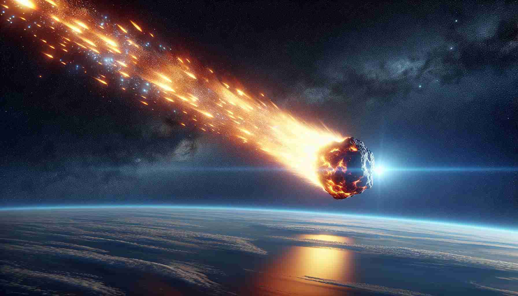 High-definition, realistic illustration of an awe-inspiring fireball shooting through the sky, fear not, as it is just a harmless space rock named COWECP5. Observe the fiery trail left behind as the rock enters the earth's atmosphere, the glow intermittently bright and dim due to the uneven surface of the rock. Set against a clear, starry night sky, the sight is both terrifying and breathtaking in its grandeur.