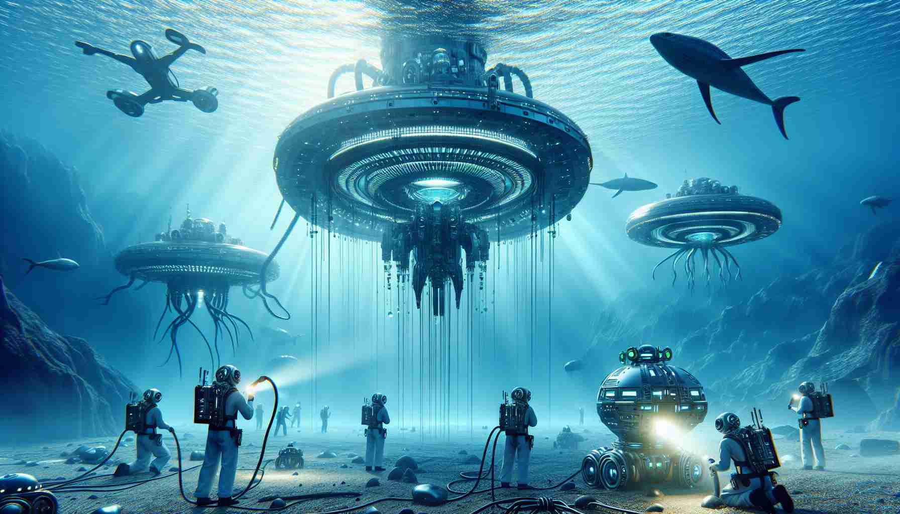 Generate a high-definition, realistic image illustrating an advanced underwater technology operated by human technologists of various descents and genders discovering extraterrestrial life forms in our oceans. The scene should depict the moment of revelation, instilling a sense of shock and wonder.