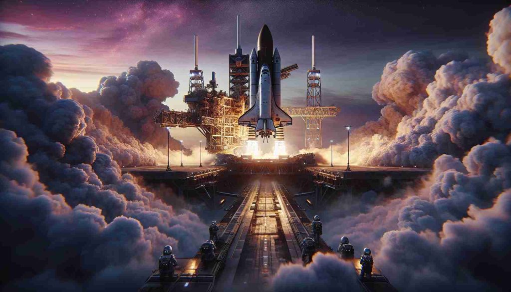 A high-definition, realistic image showing the spectacular scene of a spaceship on the launch pad. Its engines are beginning to roar to life, billowing clouds of smoke and steam around its base. The early dawn paints the sky in hues of orange and purple. Crew members, a mix of male and female of various descents such as Caucasian, Black, Hispanic, and Middle-Eastern, can be seen in the foreground, their faces reflecting a mixture of excitement and focused determination, knowing they are moments away from a thrilling space mission.