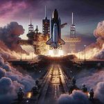 A high-definition, realistic image showing the spectacular scene of a spaceship on the launch pad. Its engines are beginning to roar to life, billowing clouds of smoke and steam around its base. The early dawn paints the sky in hues of orange and purple. Crew members, a mix of male and female of various descents such as Caucasian, Black, Hispanic, and Middle-Eastern, can be seen in the foreground, their faces reflecting a mixture of excitement and focused determination, knowing they are moments away from a thrilling space mission.