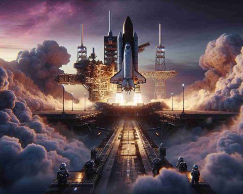 A high-definition, realistic image showing the spectacular scene of a spaceship on the launch pad. Its engines are beginning to roar to life, billowing clouds of smoke and steam around its base. The early dawn paints the sky in hues of orange and purple. Crew members, a mix of male and female of various descents such as Caucasian, Black, Hispanic, and Middle-Eastern, can be seen in the foreground, their faces reflecting a mixture of excitement and focused determination, knowing they are moments away from a thrilling space mission.