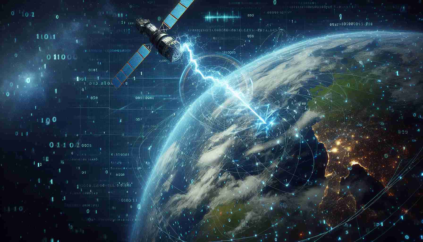 A realistic high-definition image depicting the abstract concept of cybersecurity threats in space. Imagine a satellite circling the Earth, overlaid with a transparent digital network filled with 1s and 0s, signifying data transmission. Suddenly, from outside the Earth's orbit, a bolt of lightning-like energy, representing a cyber-attack, streaks towards this network, disrupting the data flow and causing visible ripples in the digital code.