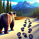 Generate a realistic HD image of a bear - a symbol for BigBear.ai - next to a set of footprints. The footprints represent the path taken by another, unspecified 'entity'. The scene should imply the question, if the bear could follow these footprints or in other words, the path of the 'entity'.