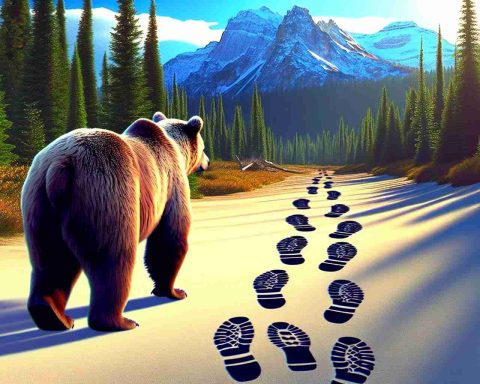 Generate a realistic HD image of a bear - a symbol for BigBear.ai - next to a set of footprints. The footprints represent the path taken by another, unspecified 'entity'. The scene should imply the question, if the bear could follow these footprints or in other words, the path of the 'entity'.