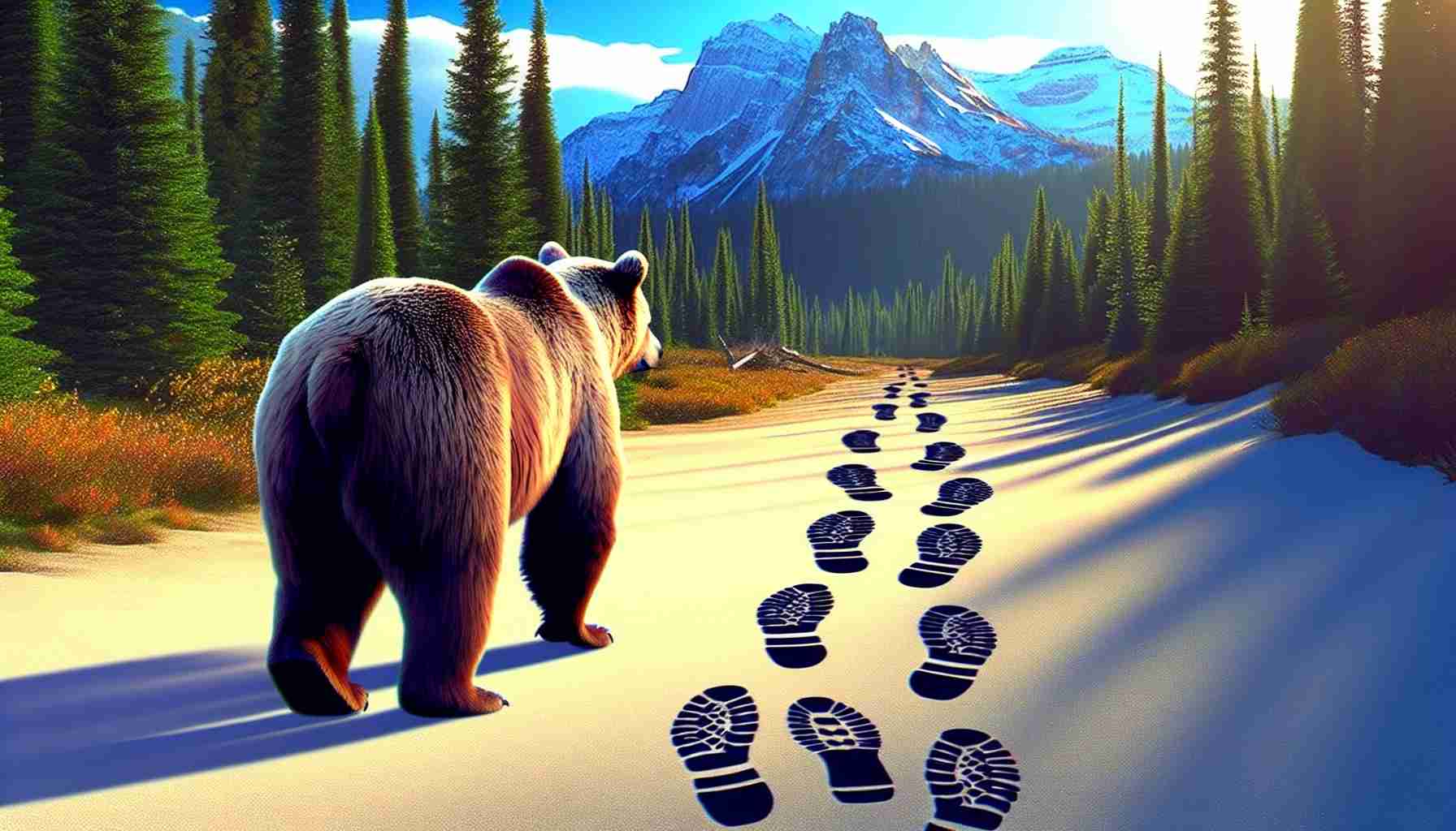 Generate a realistic HD image of a bear - a symbol for BigBear.ai - next to a set of footprints. The footprints represent the path taken by another, unspecified 'entity'. The scene should imply the question, if the bear could follow these footprints or in other words, the path of the 'entity'.