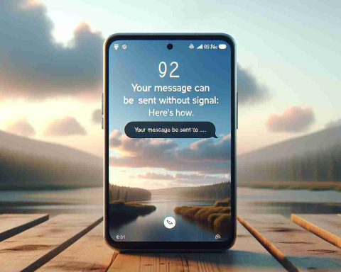 Generate a realistic high-definition image showcasing a smartphone with the screen displaying a text message being sent, even when there's no signal. The phone should be laid on a table with a backdrop of a serene and peaceful landscape. The message on the phone's screen should read: 'Your message can be sent without signal: Here's how.'