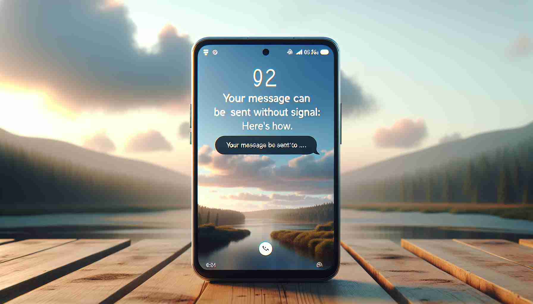 Generate a realistic high-definition image showcasing a smartphone with the screen displaying a text message being sent, even when there's no signal. The phone should be laid on a table with a backdrop of a serene and peaceful landscape. The message on the phone's screen should read: 'Your message can be sent without signal: Here's how.'