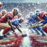 High-definition, realistic image of an intense football game occurring during a heavy snowfall. The scene captures two teams, one represented with crimson and gold uniforms (referencing the 49ers), and the other in royal blue and red (referencing the Bills), engaging in a fierce Sunday showdown. The focus is on the epic battle for the ball as players hustle and tackle each other, the atmosphere electrifying despite the chilling weather.