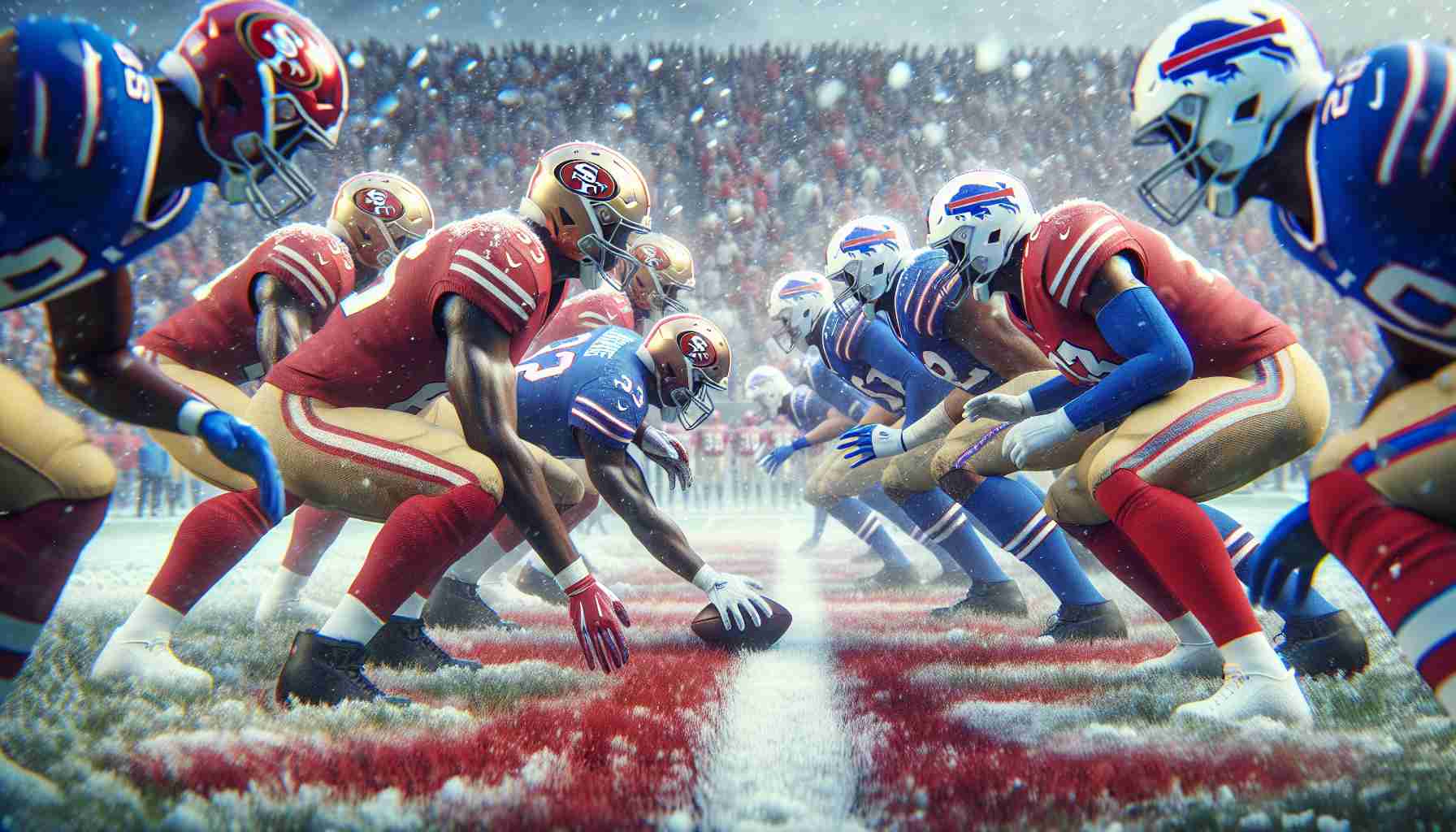 High-definition, realistic image of an intense football game occurring during a heavy snowfall. The scene captures two teams, one represented with crimson and gold uniforms (referencing the 49ers), and the other in royal blue and red (referencing the Bills), engaging in a fierce Sunday showdown. The focus is on the epic battle for the ball as players hustle and tackle each other, the atmosphere electrifying despite the chilling weather.