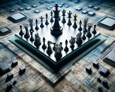 A realistic, high-definition image depicting a symbolic representation of change in a major chip manufacturing company. Perhaps a chessboard with various game pieces, symbolizing shifting roles and strategies, set against a background of intricate, technical diagrams and blueprints for advanced microprocessors.