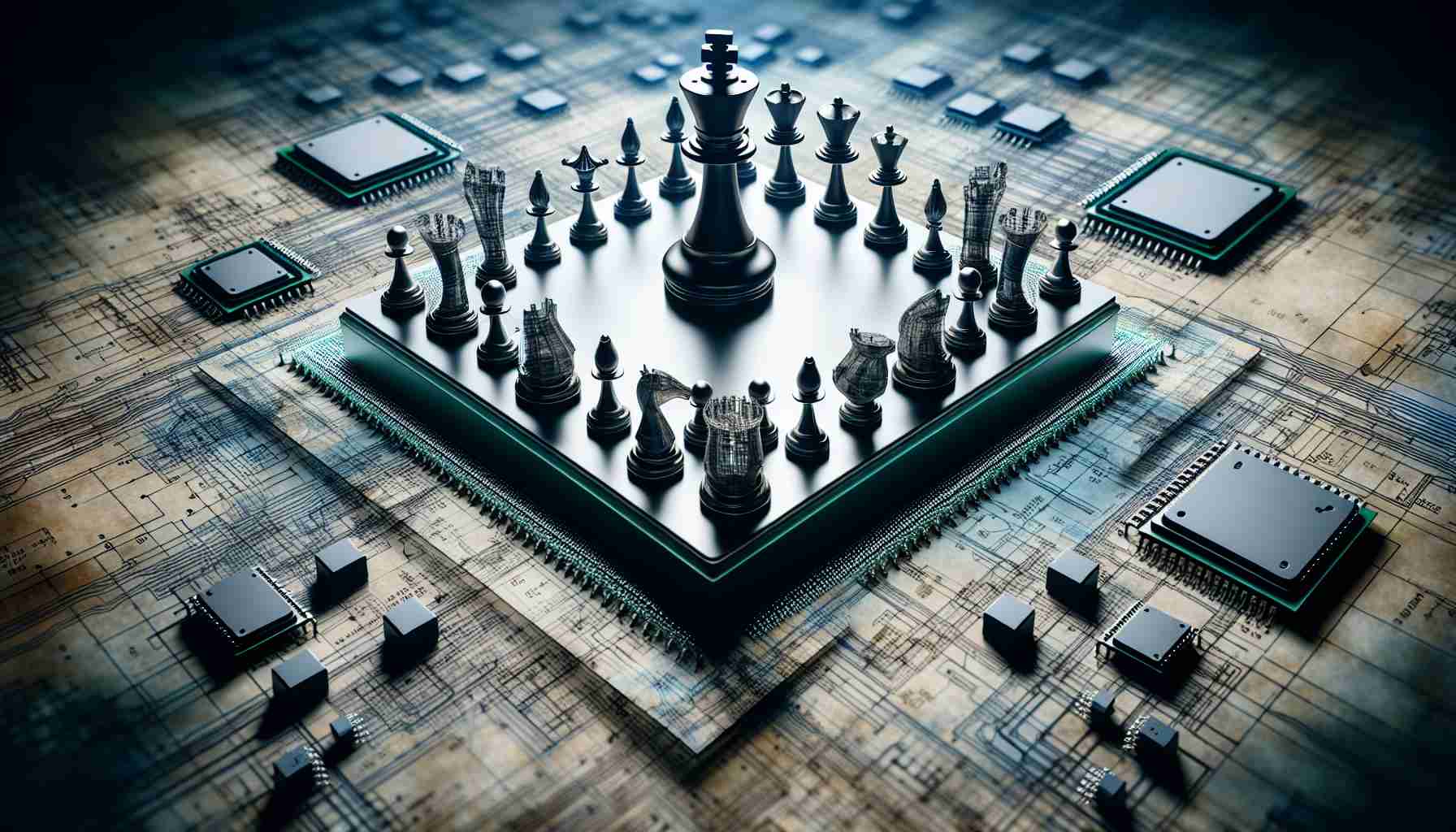 A realistic, high-definition image depicting a symbolic representation of change in a major chip manufacturing company. Perhaps a chessboard with various game pieces, symbolizing shifting roles and strategies, set against a background of intricate, technical diagrams and blueprints for advanced microprocessors.