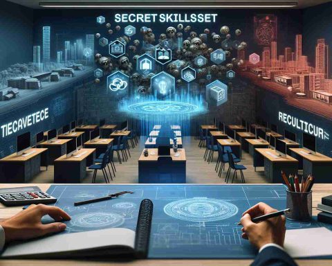 Creating a realistic HD image portraying the unveiling of secret skillset pertaining to advanced technical education. The scene captures an array of courses offered by a fictitious tech education organization, noted for its revolutionary approach. This image might include elements like a modern classroom setting filled with advanced tech gadgets, a holographic projection of various unusual tech courses, and symbols to represent the secretive and revolutionary nature of these courses.