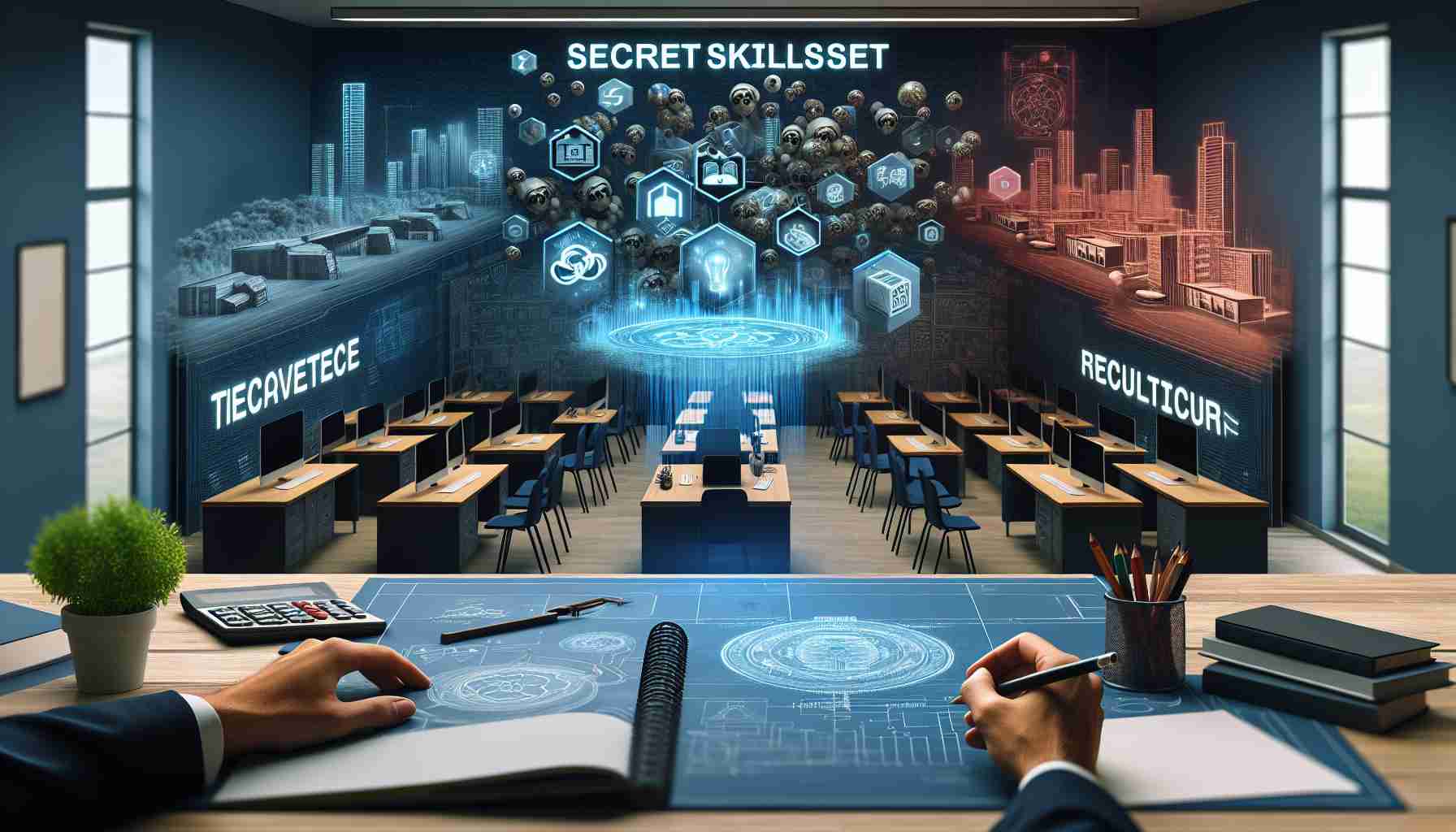 Creating a realistic HD image portraying the unveiling of secret skillset pertaining to advanced technical education. The scene captures an array of courses offered by a fictitious tech education organization, noted for its revolutionary approach. This image might include elements like a modern classroom setting filled with advanced tech gadgets, a holographic projection of various unusual tech courses, and symbols to represent the secretive and revolutionary nature of these courses.