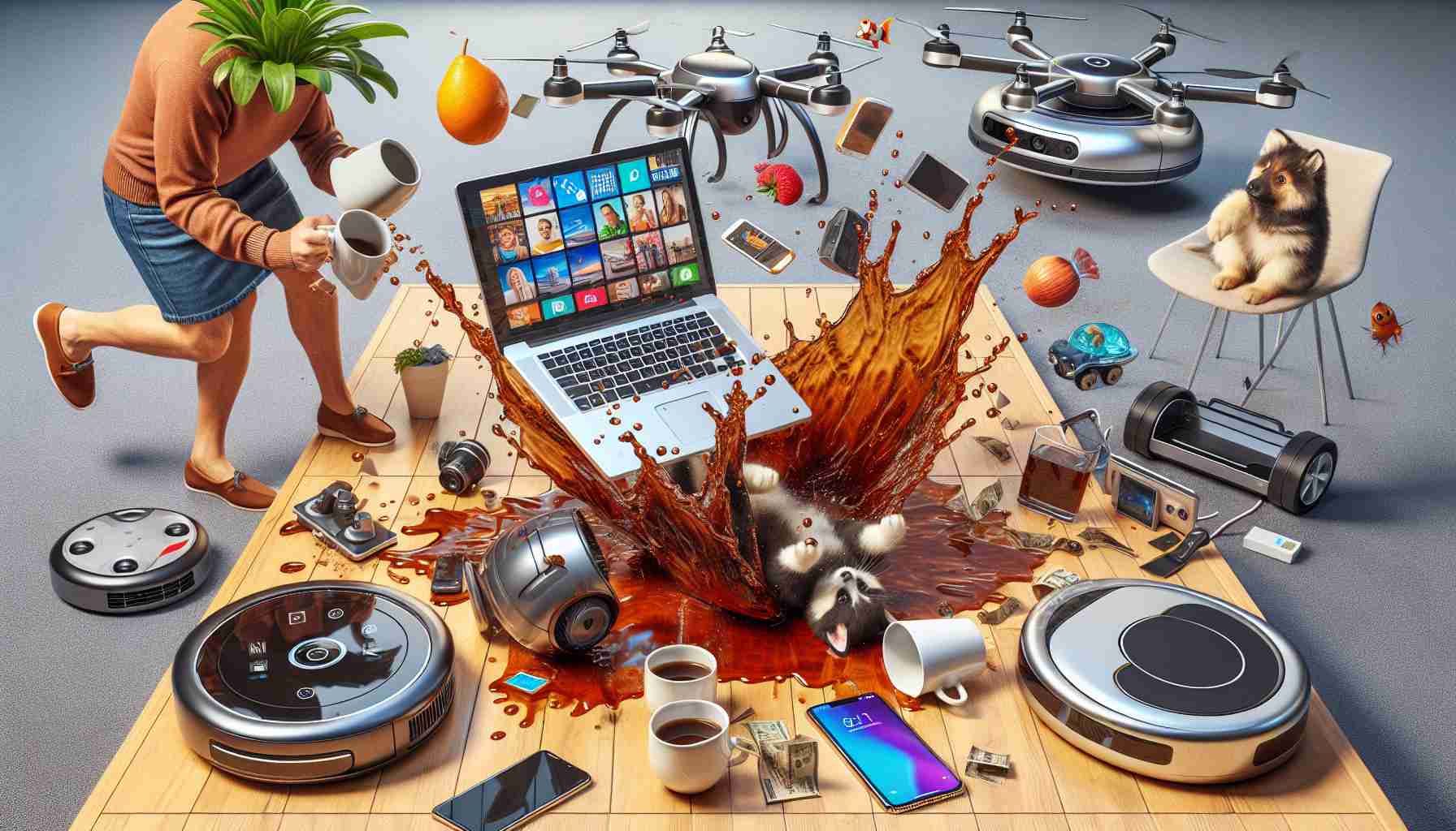 Generate a hyper-realistic, high-definition image that captures a scene depicting technology mishaps and hilarious blunders. This could include a variety of scenes, like someone spilling coffee on a laptop, a robot vacuum cleaner running over a pet's tail, a drone getting tangled in a tree, or a smartphone being accidentally dropped into a fishbowl. These incidents should bring a sense of humor and disbelief, expressing the phrase 'You won't believe what happened'. Include elements of surprise and comedy.