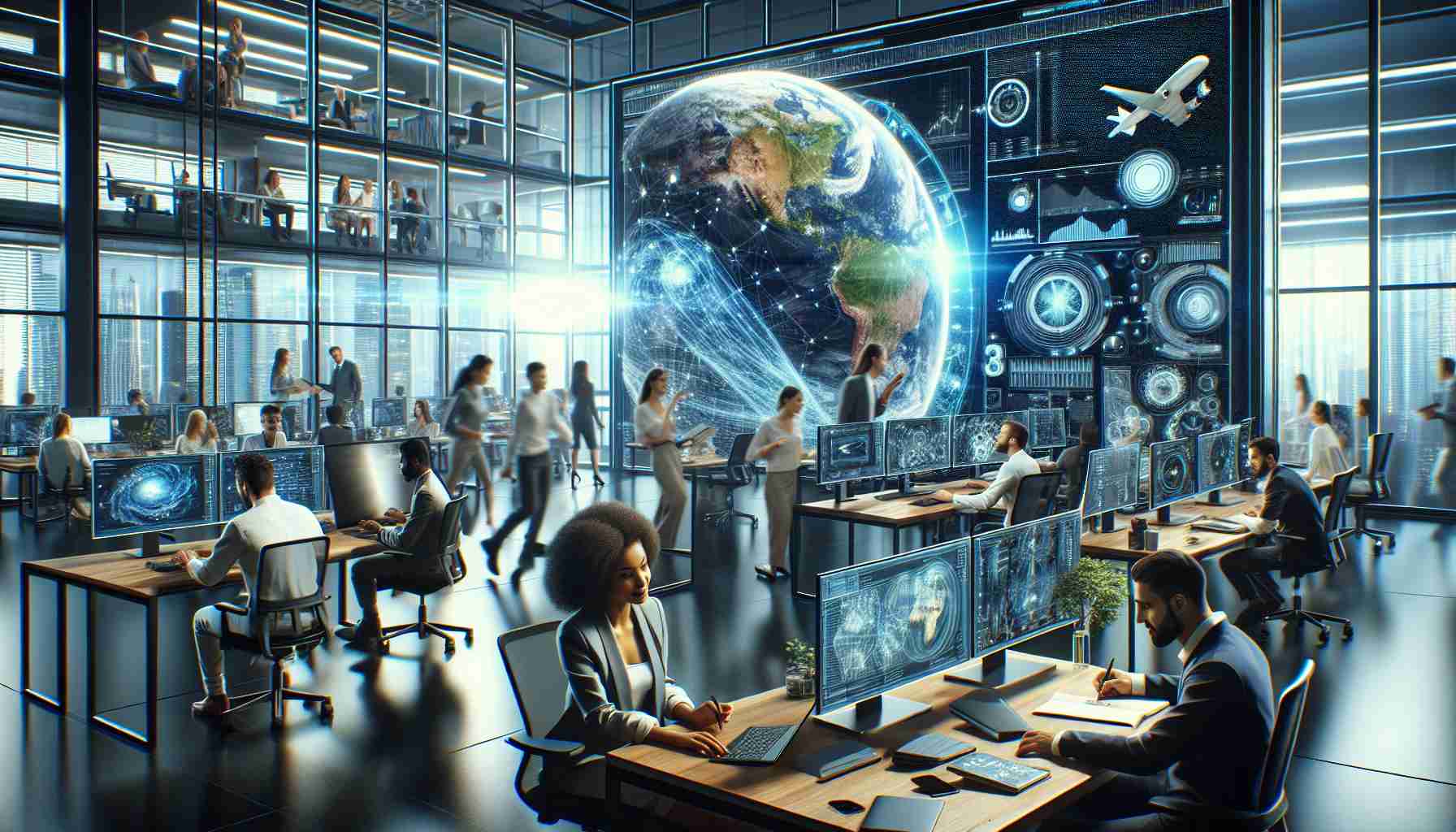 A highly detailed, realistic image of a thriving British tech startup. Key visual elements include a futuristic open-concept office buzzing with activity, reflective of their recent success. A diverse array of employees, including a Caucasian woman and a Middle Eastern man intently working on sleek computers, a Black woman drawing complex algorithms on a whiteboard and a South Asian man in an animated conversation over futuristic-looking gadgets. On a large digital screen in the background, a rotating 3D model of Earth conveys the pioneering spirit of their ambitious plan to revolutionize Earth monitoring.