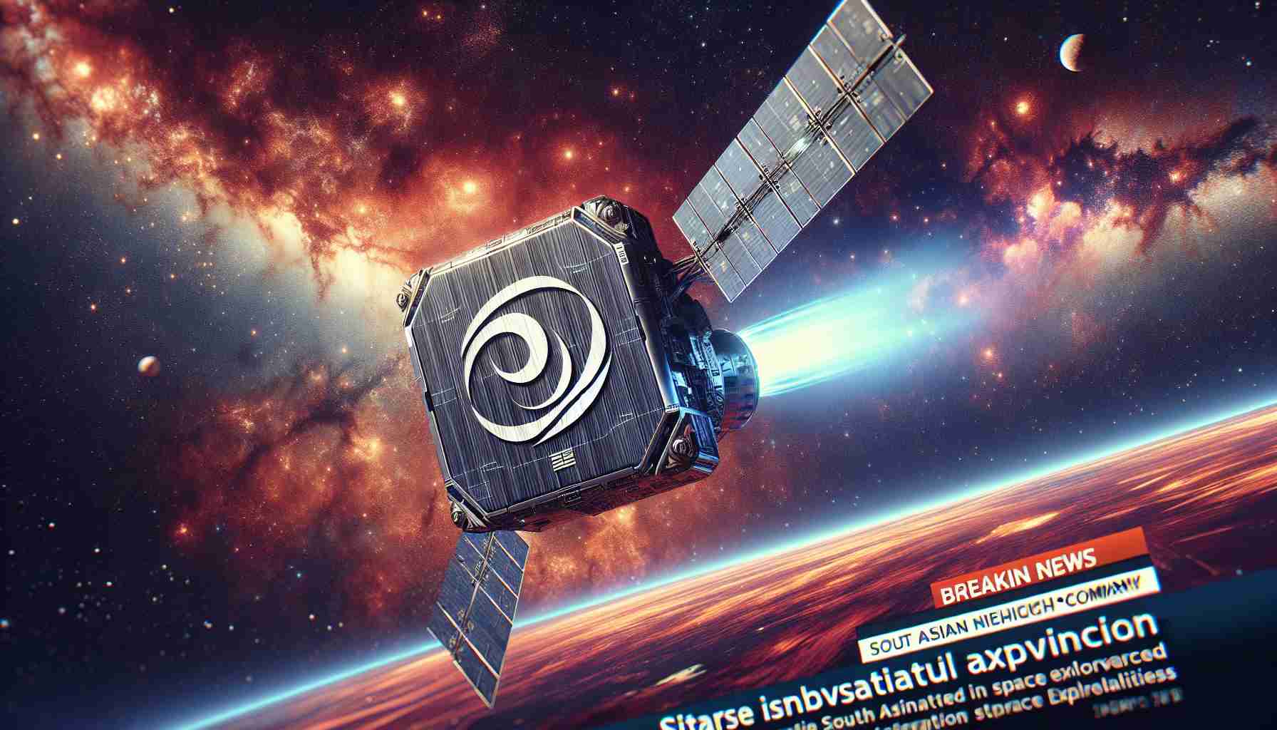 High-definition, realistic picture depicting a significant event in space exploration. The scene shows a South Asian tech company making substantial advancements in their space exploration capabilities. Their logo, an abstract symbol not related to any real-world brands, is prominently displayed on the cutting-edge spacecraft they've developed. The background is filled with stars and distant galaxies, highlighting the breadth and depth of space. News headlines flash across the bottom of the image, indicating the global interest and excitement this advancement has sparked.